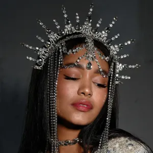 Exaggerated Goddess Halo Sunflower Crown Tassel Rhinestone Headpiece For Women Festival Party Costume Hair Accessories