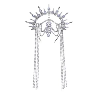 Exaggerated sunburst halo rhinestone fringe tiara crown festival party headpiece jewelry