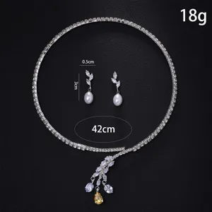 Elegantes Strass Perlen Halskette Ohrringe Set, Blatt Design Abend Party Schmuck.