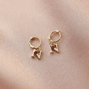 Letter N Hoop Earrings Gold Plated Red Stone Pendant Dainty Jewelry Gift for Women