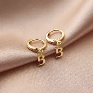 Exquisite gold-plated initial B hoop earrings with red gem pendant for women fashion.
