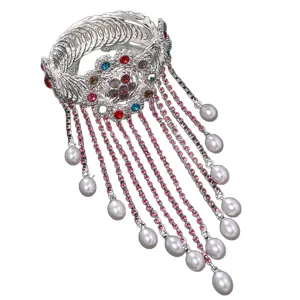 Splendido bracciale da braccio con strass e nappe, gioiello vintage argentato per feste e show.