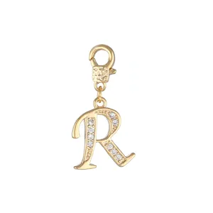 Vergulde letter R hanger detail, sprankelende kubieke zirkonia pavé, DIY sieraden accessoire.