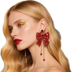 Boucles d'oreilles frangées nœud strass rouge élégantes pour femmes, bijoux de fête.