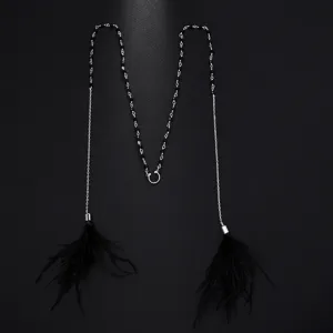 Bohemian black feather face chain, silver metal link body jewelry for party festival.