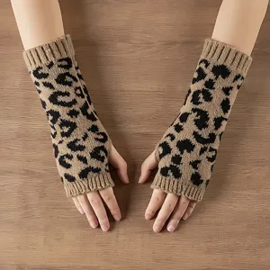 Damen Winter Warm Leopardenmuster Gestrickt Acryl Fingerlose Handschuhe Mode Armstauchen Outdoor Fäustlinge Kleidung Zubehör