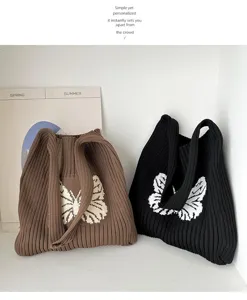 Knitted tote bag featuring a cute white butterfly pattern, stylish and spacious shoulder bag.