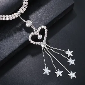 Kristall Herz Bauchnabelring mit Quasten Stern Anhänger, perfekter Party Körperschmuck.