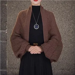 Women Autumn Winter Knitted Plaid Shawl Scarf Cardigan Batwing Sleeve Open Front Warm Casual Outerwear Poncho
