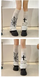 Knitted leg warmers for women Y2K gothic style white black spiderweb cross print slouch socks.