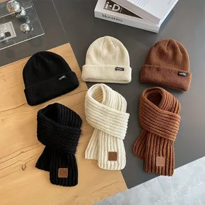 Cozy knit beanie and scarf set for winter, warm thick wool winter hat and matching scarf combo.