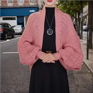 Women pink knitted hollow cardigan autumn winter stylish batwing sleeve outerwear casual