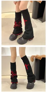 Y2K Black Knitted Leg Warmers Gothic Cross Print Slouch Socks Autumn Winter Fashion