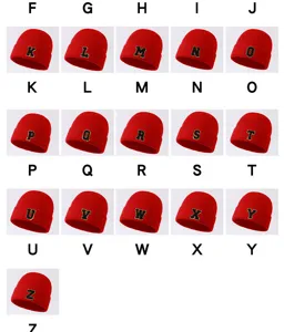 Red knit beanie with embroidered alphabet letters K to Z, warm winter fashion casual hat.