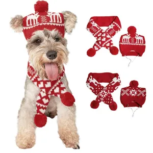 Ensemble Écharpe Et Bonnet Tricotés De Noël Pour Animaux De Compagnie Acrylique Pompon Chien Chat Hiver Chaud Costume Vêtements De Fête