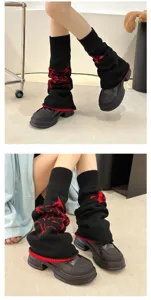 Black knit leg warmers for women gothic cross print y2k long socks winter fashion cozy
