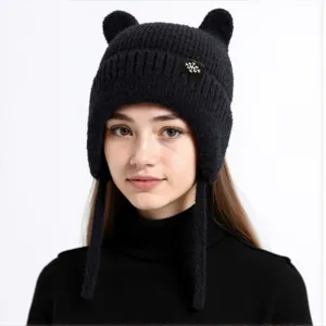 Damen warme gestrickte Ohrenklappen Mütze Winter Outdoor winddichte süße Katzenohr Wollmütze
