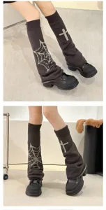 Y2K dark subculture knit leg warmers with gothic cross and spiderweb patterns for women.