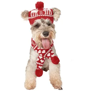 Gros plan détaillé de l'ensemble bonnet et écharpe de Noël pour animaux avec motif.