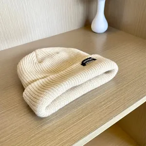 Beige knitted beanie winter hat for women, thick warm cuffed cap, casual slouchy ski hat.