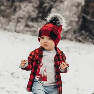 Berretto invernale bimbo con pon pon, cappello in maglia a quadri rosso nero, caldo copricapo.