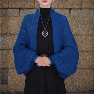 Blue knit cardigan shawl versatile loose outerwear autumn winter stylish comfortable women clothing