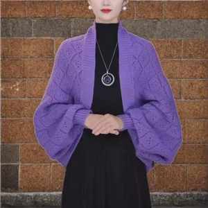 Purple knitted cardigan shawl for women, autumn winter cozy outerwear open front sweater.