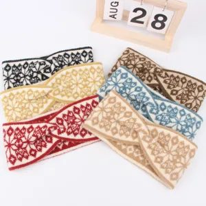 Bandeau Tricoté d'Hiver Flocon de Neige Géométrique Torsion Croisée Élastique Chaud Accessoires de Cheveux pour Femmes
