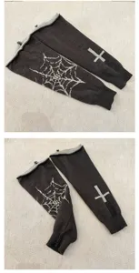 Y2K dark knitted leg warmers with cross and spiderweb patterns, stylish gothic calf socks.