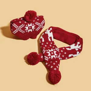 Mignon ensemble écharpe et bonnet tricoté de Noël pour animaux avec motifs rennes et flocons.
