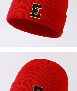 Red knit beanie hat with letter E patch warm winter cap for men and women outdoor