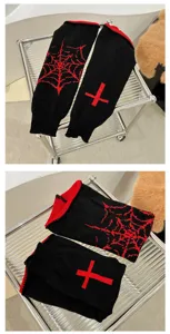 Dark Y2K knitted leg warmers with red cross spiderweb pattern alt gothic aesthetic socks