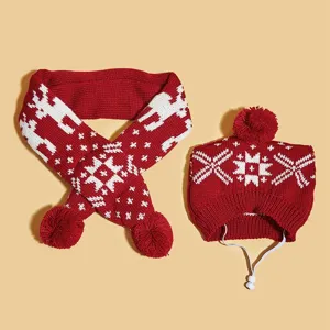Joli ensemble écharpe et bonnet de Noël tricoté rouge pour animal avec motifs de flocons.