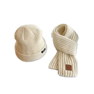 Beige knitted beanie and scarf set winter warm solid color wool hat cute patch women men
