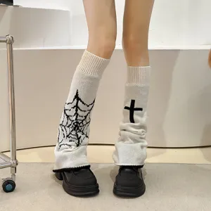 Knitted leg warmers for women Y2K autumn gothic slouch calf socks with cross and spiderweb patterns.