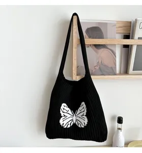 Black knit tote bag for women featuring white butterfly pattern casual minimalist shoulder bag.