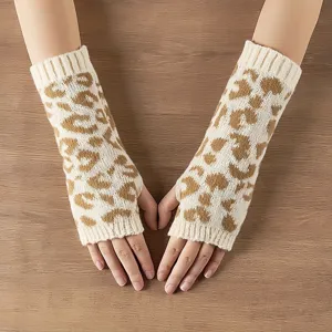 Beige Leo-Muster Strick-Armwärmer, gemütliche fingerlose Handschuhe für Damen Wintermode.