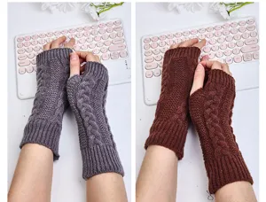 Close-up of knitted fingerless gloves showcasing cable texture and warm arm sleeve design.