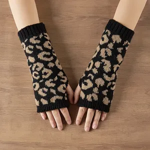 Damen Strick Leopardenmuster fingerlose Handschuhe Armwärmer gemütliches Winteraccessoire.