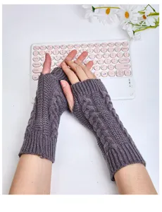 Knit fingerless gloves winter warm arm warmers dark grey cable knit half finger cozy.