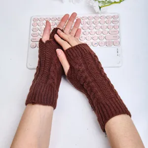 Autumn winter cable knit fingerless gloves warm wool wrist hand warmers brown color