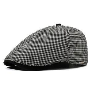 Classic black and white plaid flat cap, stylish autumn newsboy hat for women daily wear.