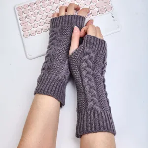 Winter knitted fingerless gloves for women men cable knit arm warmer thermal grey
