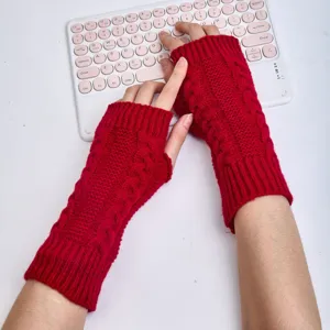Winter knitted fingerless gloves cable knit arm warmers red wrist sleeves for women and men