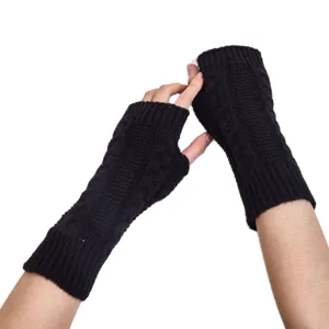 Winter black knitted fingerless arm warmers cable knit cozy gloves for men and women