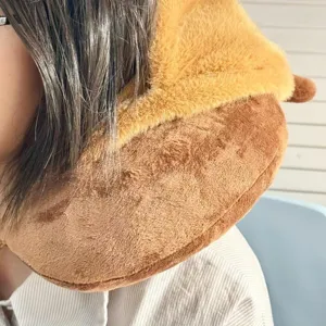 Almohada de viaje en U con capucha y orejas de oso bonitas, cojín de felpa suave para descanso.