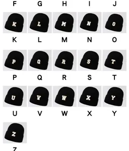 Black letter patch knit beanie, stylish versatile casual winter warm cuffed skull cap.