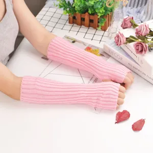 Pink knitted arm warmers long fingerless sleeves solid color winter fashion daily wear soft