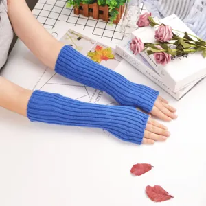 Blue knitted arm warmers sun protection sleeves winter warm long knit cuffs fashion accessories