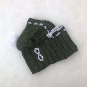 Dark green knitted pet dog hat winter warm puppy beanie with cute white pom pom and embroidery